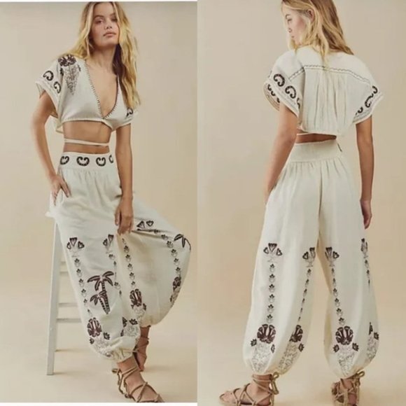 FREE People Kai Embroidered Cropped Top Pants Set Cream Brown Medium New - Picture 2 of 12